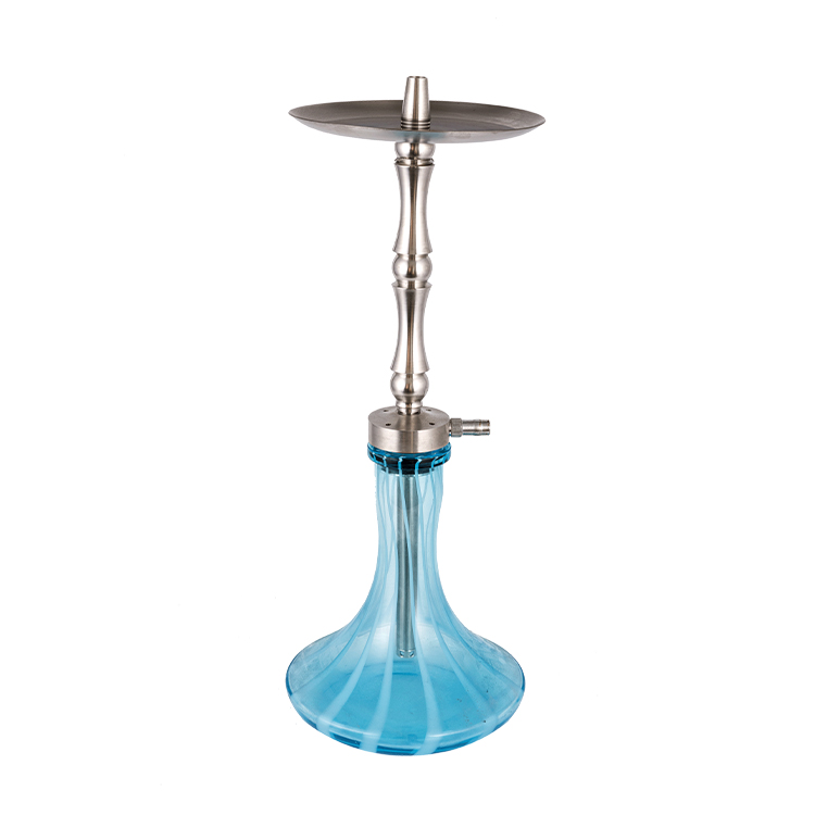 Tubo de metal de acero inoxidable plateado, vidrio estampado azul, 2 cachimba de un solo orificio, 58cm